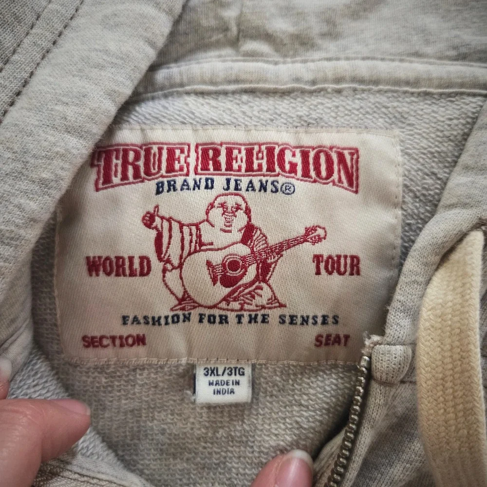 True Religion‎ Zip Up Hoodie Mens 3XL Grey World Tour Buddha Logo Distressed Y2K